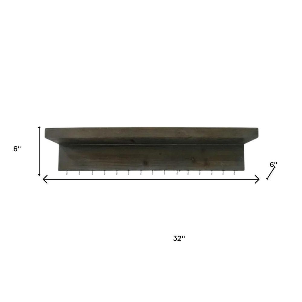 Set Of Two Brown Wood Wall Mounted Accent Shelves With Hooks