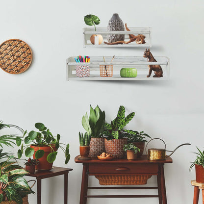 Set Of Two White Wood Wall Mounted Floating Shelves