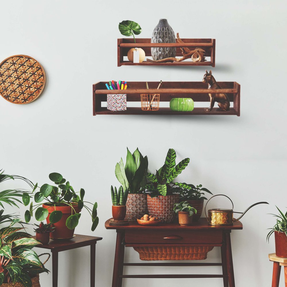 Set Of Two Brown Wood Wall Mounted Floating Shelves