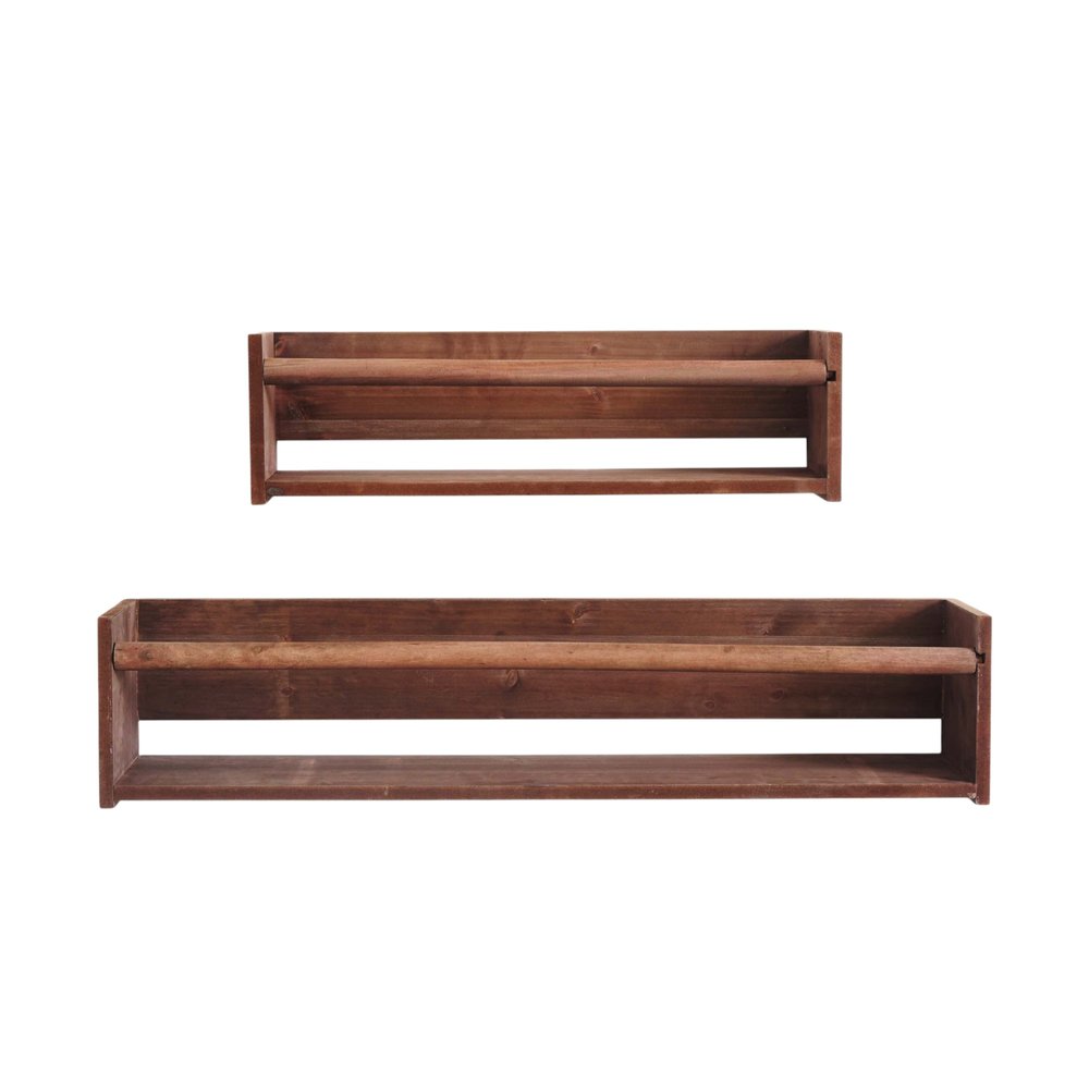 Set Of Two Brown Wood Wall Mounted Floating Shelves