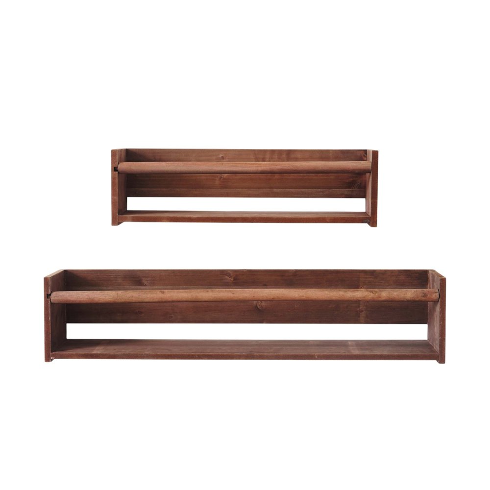 Set Of Two Brown Wood Wall Mounted Floating Shelves