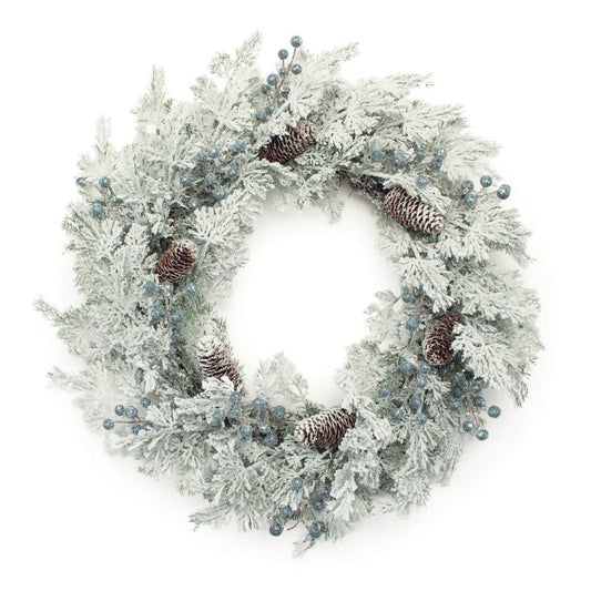 24" White Flocked Pine And Pinecone Artificial Wreath