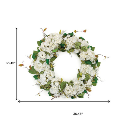 36" White And Green Hydrangea Artificial Wreath