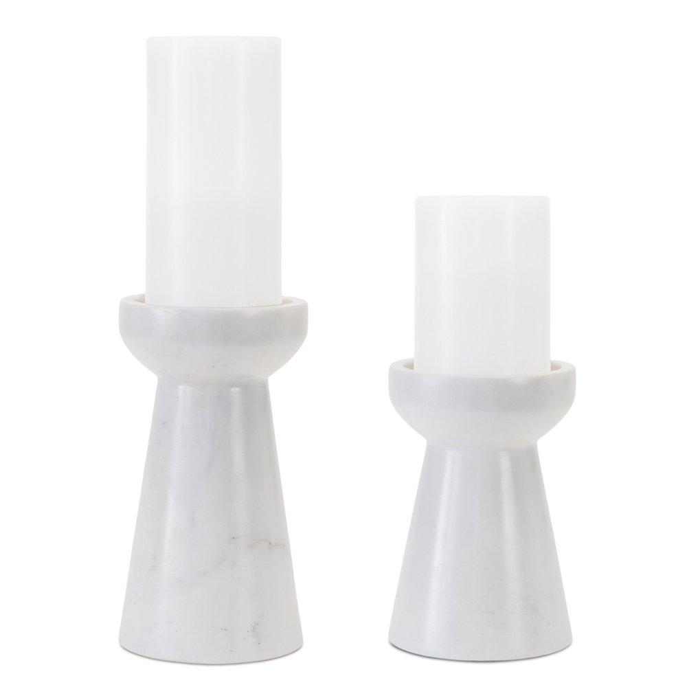 Set of Two White And Gray Marble Tabletop Pillar Candle Holders