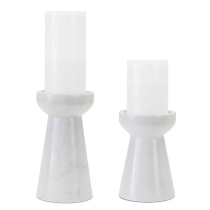 Set of Two White And Gray Marble Tabletop Pillar Candle Holders
