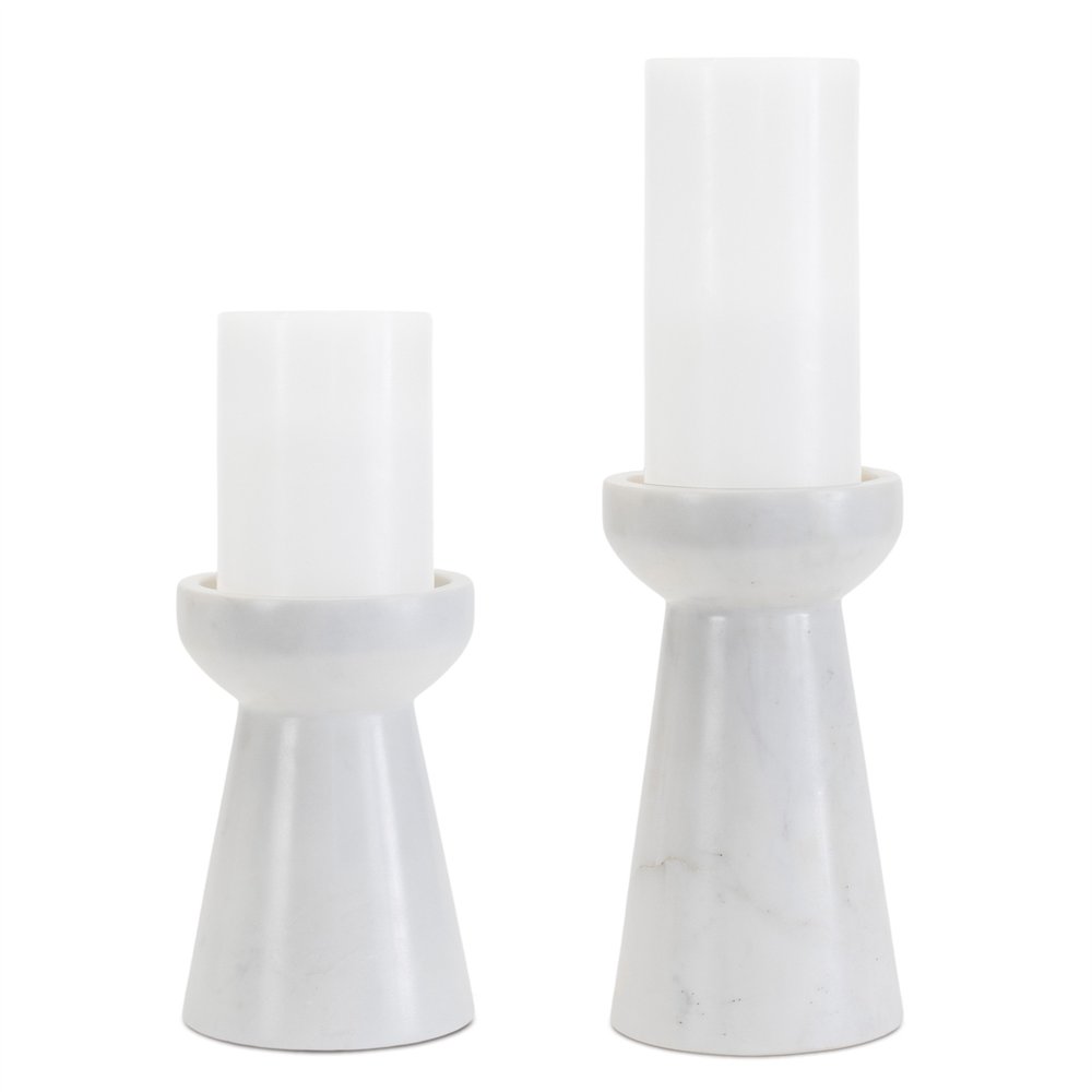 Set of Two White And Gray Marble Tabletop Pillar Candle Holders