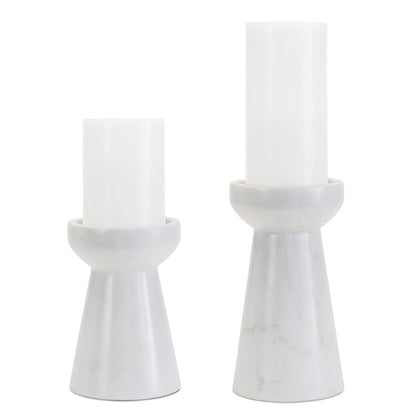 Set of Two White And Gray Marble Tabletop Pillar Candle Holders