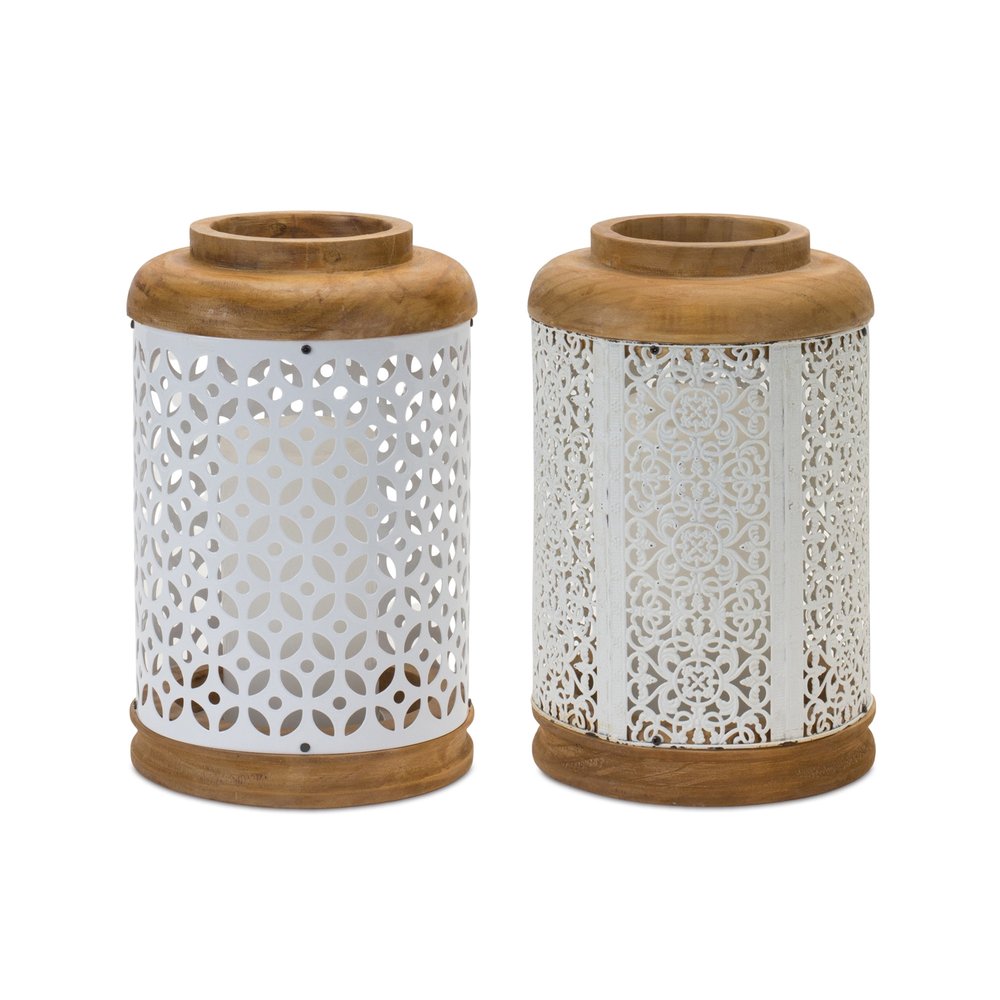 Set of Two White And Brown Geometric Metal Tabletop Lantern Candle Holders