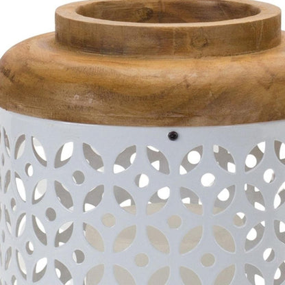 Set of Two White And Brown Geometric Metal Tabletop Lantern Candle Holders