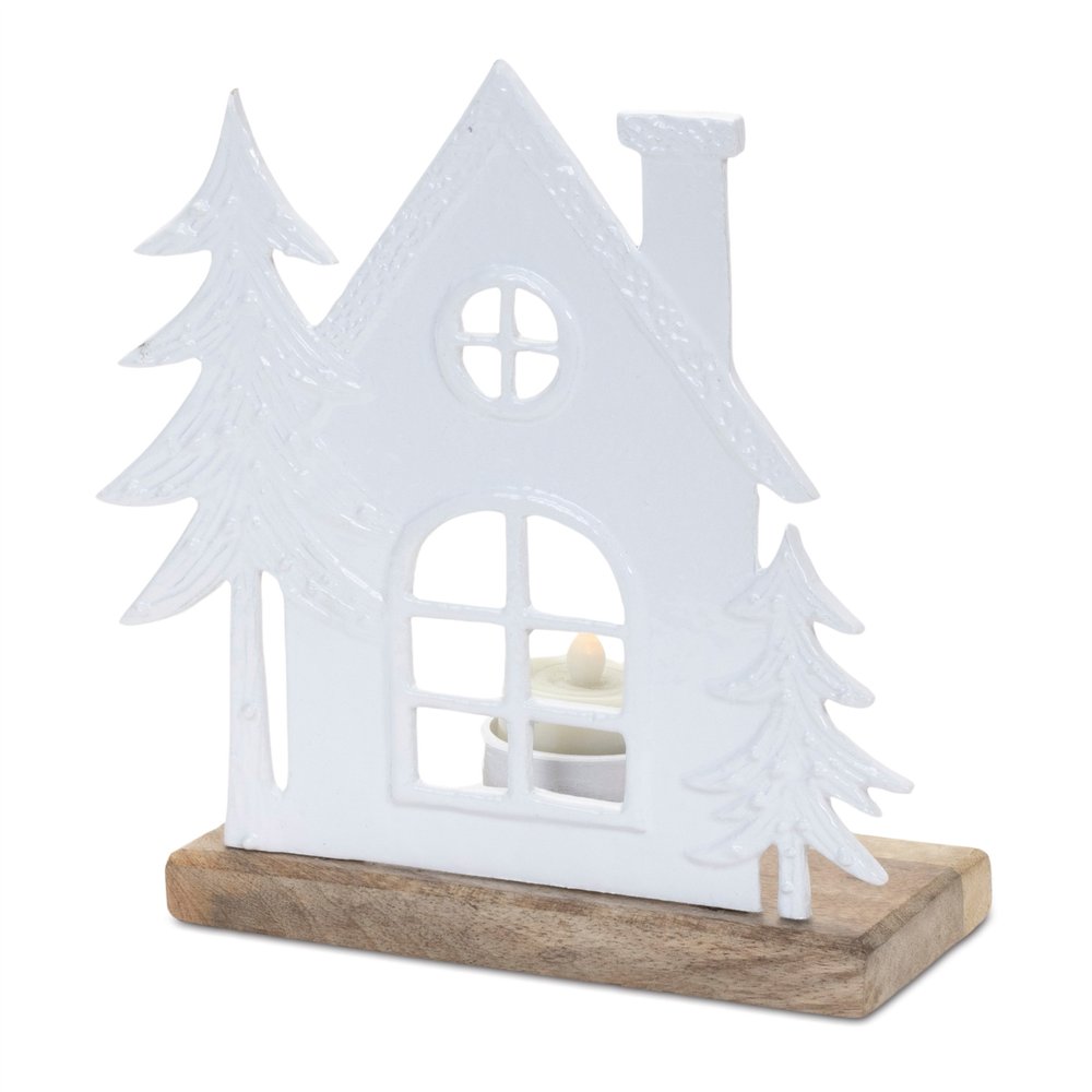 Set of Two White And Beige Abstract Aluminum Tabletop Tealight Candle Holders