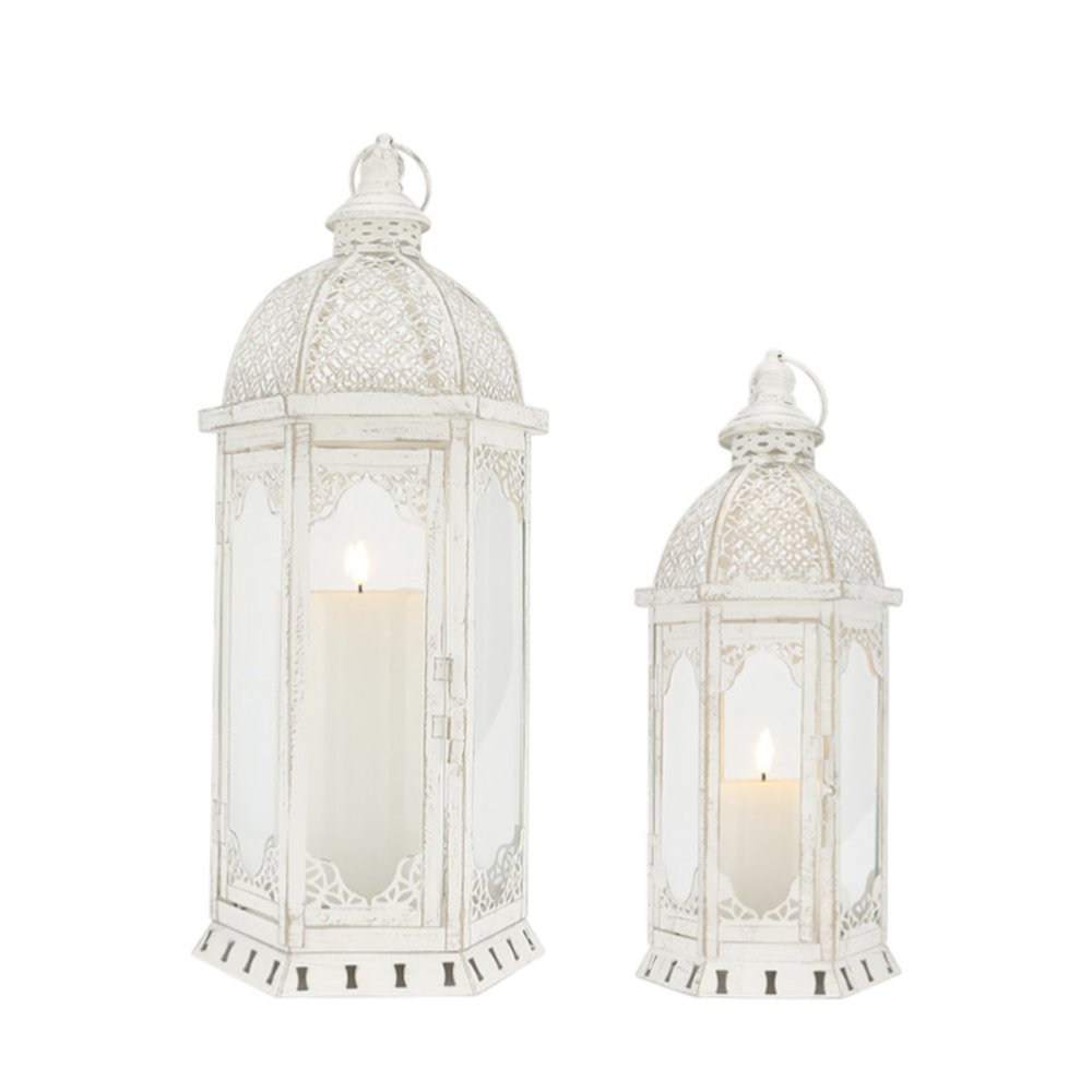 Set of Two White Distressed Ornate Metal Tabletop Lantern Candle Holders