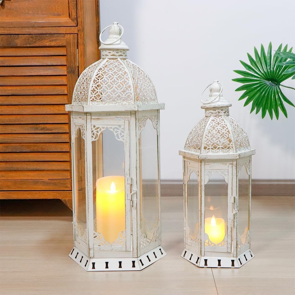 Set of Two White Distressed Ornate Metal Tabletop Lantern Candle Holders