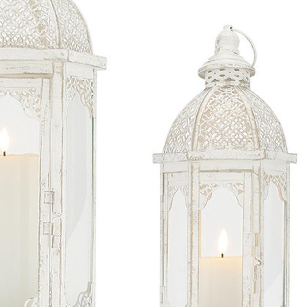 Set of Two White Distressed Ornate Metal Tabletop Lantern Candle Holders