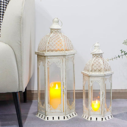 Set of Two White Distressed Ornate Metal Tabletop Lantern Candle Holders