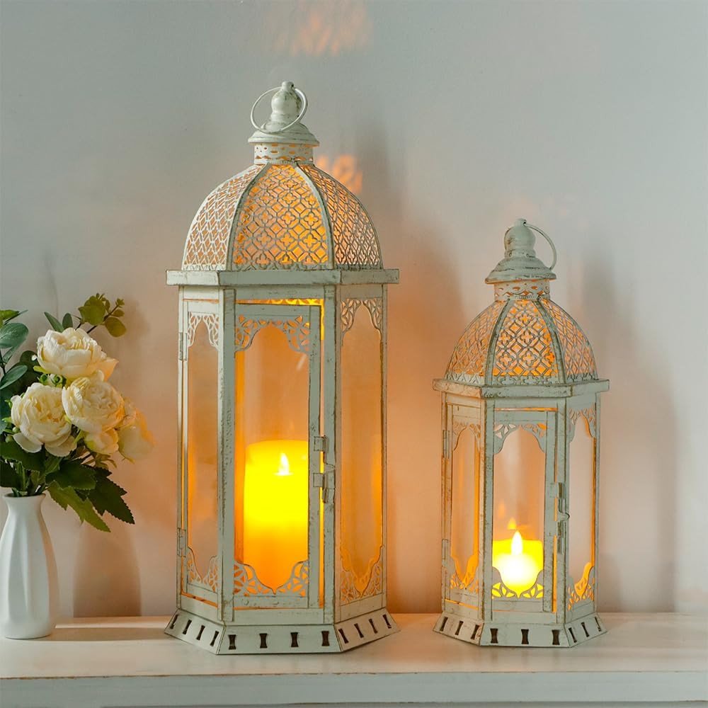 Set of Two White Distressed Ornate Metal Tabletop Lantern Candle Holders