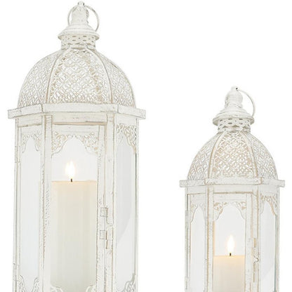Set of Two White Distressed Ornate Metal Tabletop Lantern Candle Holders
