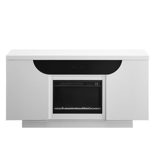 66" White Ribbed Wood Electric Storage Cabinet Fireplace With LED And Speaker