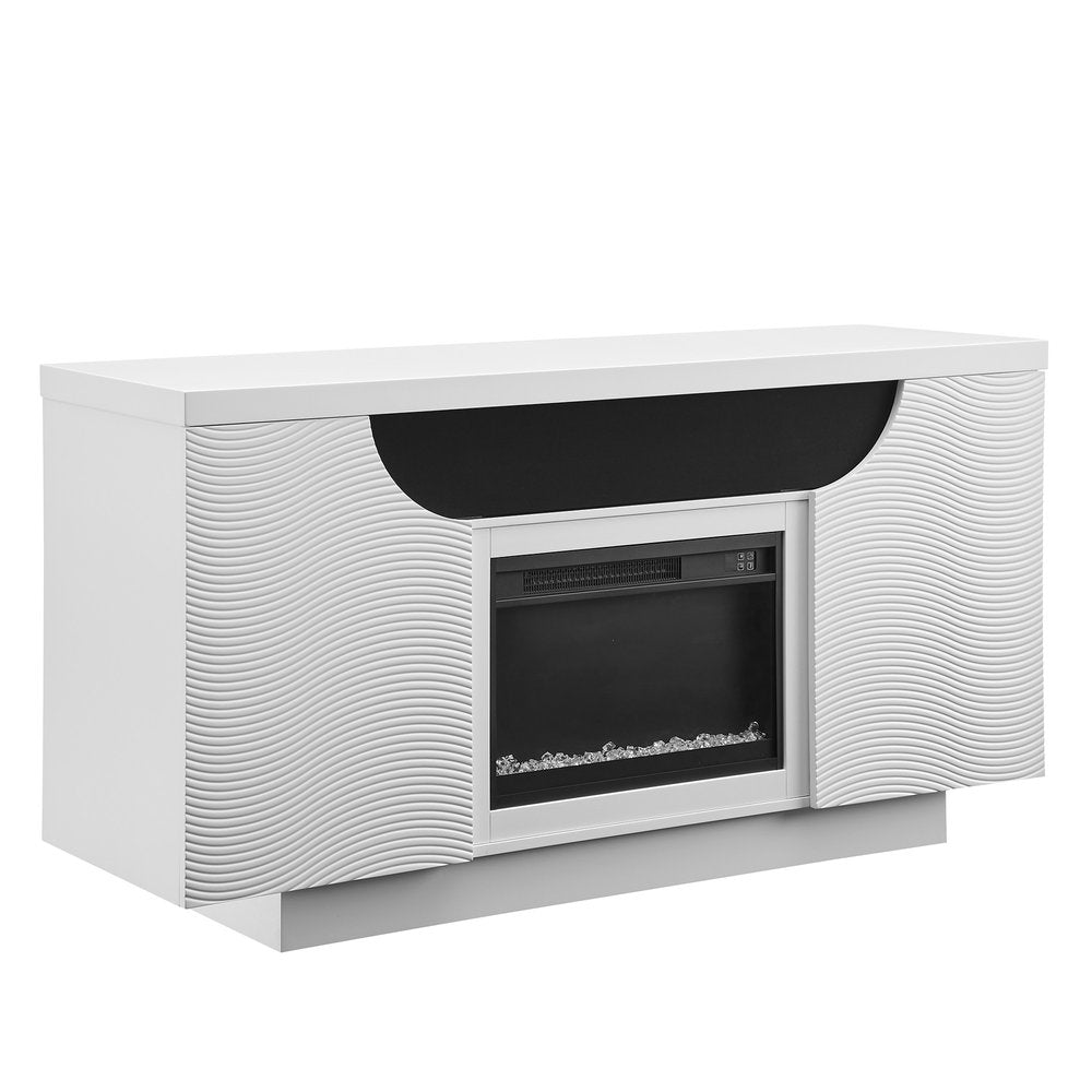 66" White Ribbed Wood Electric Storage Cabinet Fireplace With LED And Speaker