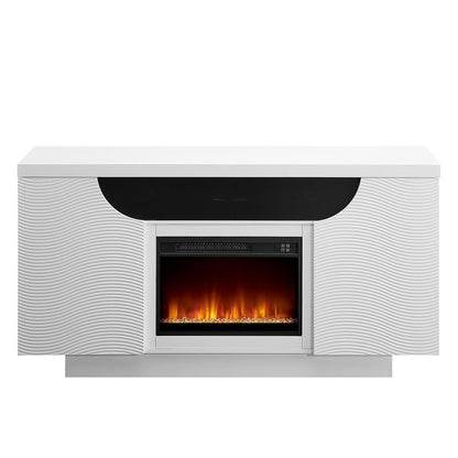 66" White Ribbed Wood Electric Storage Cabinet Fireplace With LED And Speaker