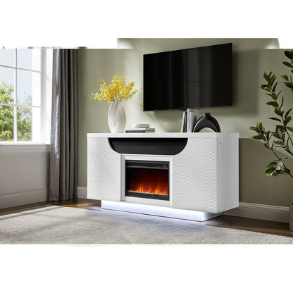 66" White Ribbed Wood Electric Storage Cabinet Fireplace With LED And Speaker