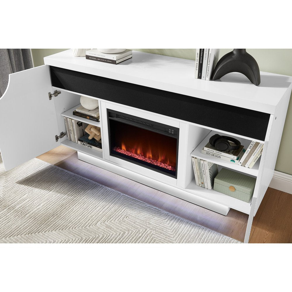 66" White Ribbed Wood Electric Storage Cabinet Fireplace With LED And Speaker