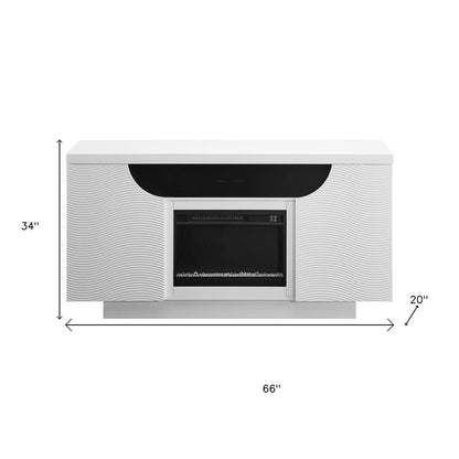 66" White Ribbed Wood Electric Storage Cabinet Fireplace With LED And Speaker