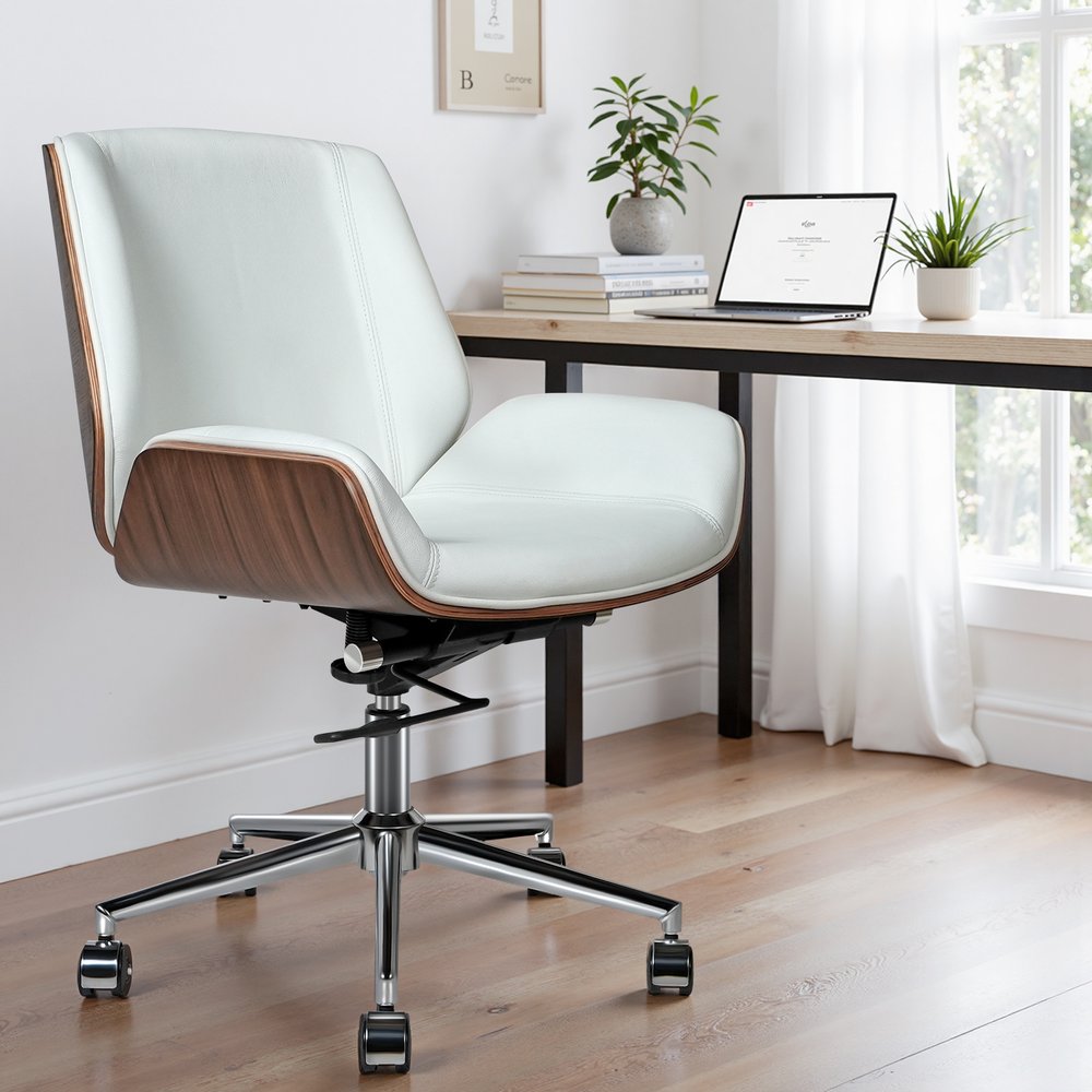 White office chair with wooden accents in a home office setting.