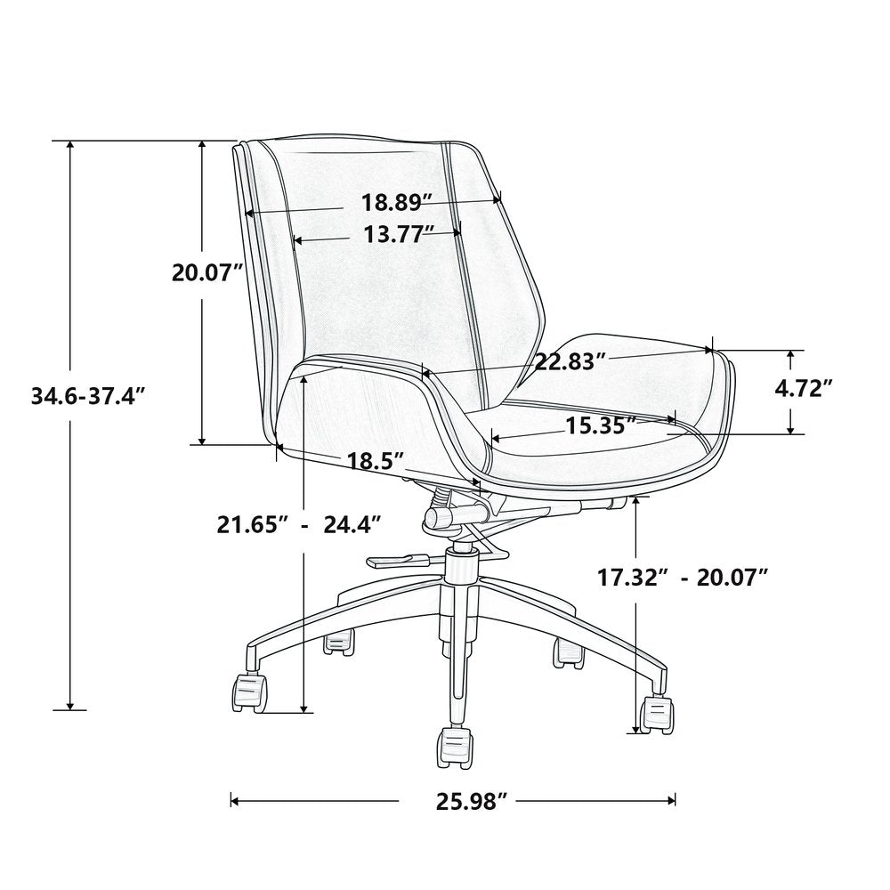 Technical drawing of an office chair with dimensions labeled