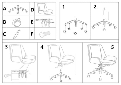 Step-by-step assembly diagram of a chair with labeled parts and numbered steps.