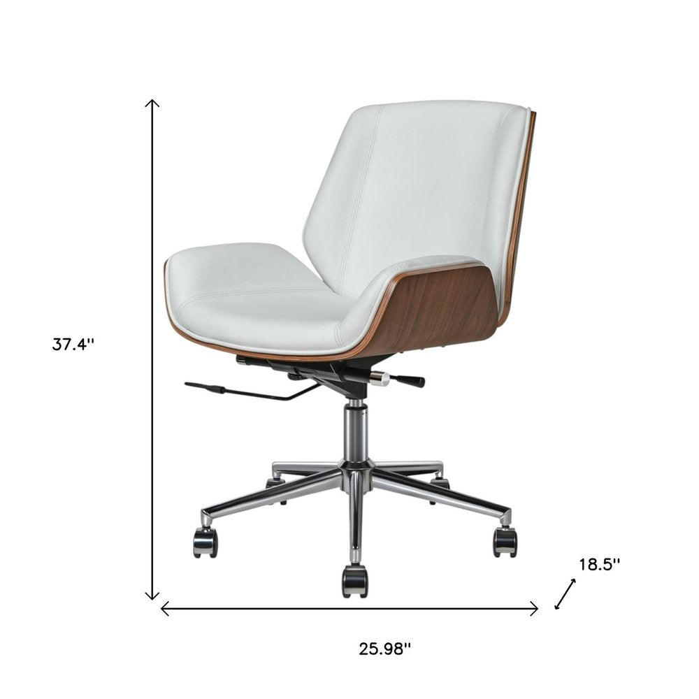 White office chair with wooden accents and dimensions labeled on a white background