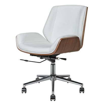 Modern office chair with white seat and backrest, wooden armrests, and chrome base on a white background.