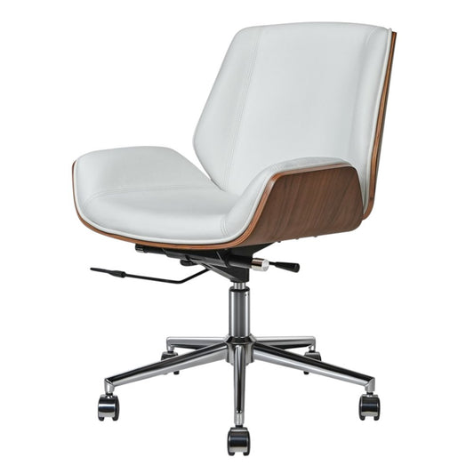 Modern office chair with white seat and backrest, wooden armrests, and chrome base on a white background.
