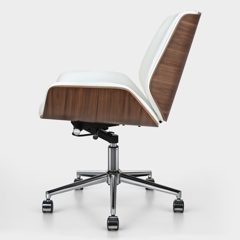 Modern office chair with wooden seat and white backrest on a white background