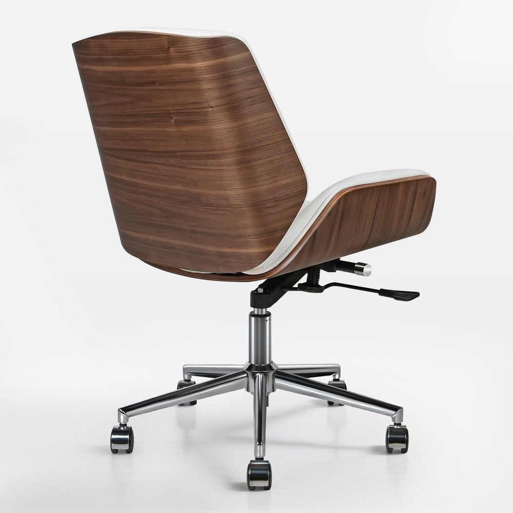 Wooden office chair with a white seat on a white background