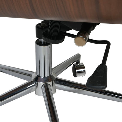 Close-up of a chair's metal base and wooden seat on a white background