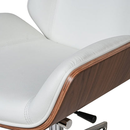 Close-up of a modern chair with white cushioned seat and backrest and wooden armrests.