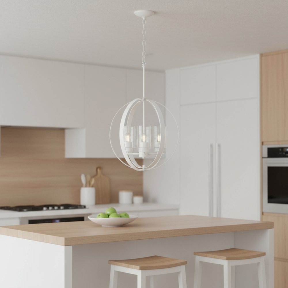 White Sphere Three Light Iron Ceiling Light With White Shades