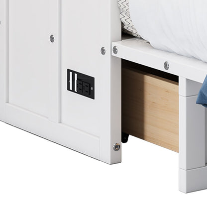 White Wood Queen Murphy Bed With USB And Drawer