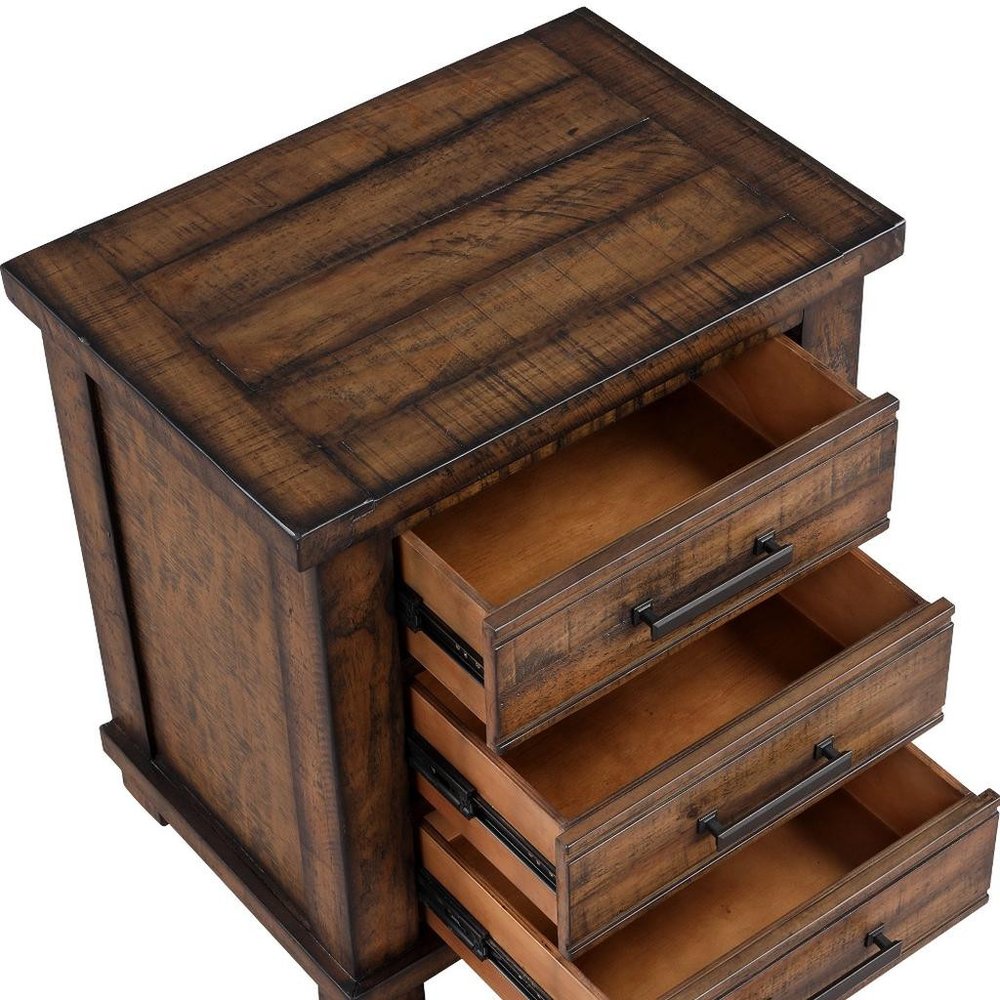 Set of Two 26" Walnut Solid Wood Distressed Three Drawer Nightstand