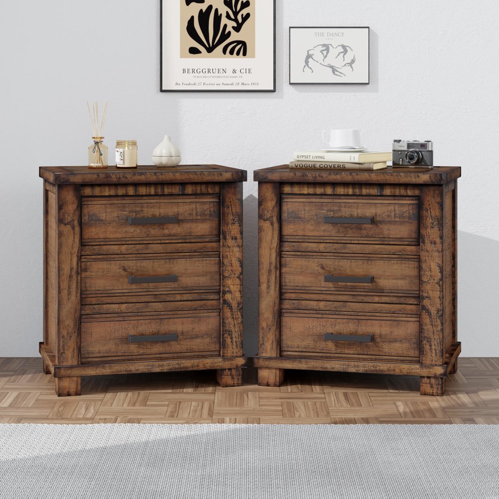 Set of Two 26" Walnut Solid Wood Distressed Three Drawer Nightstand