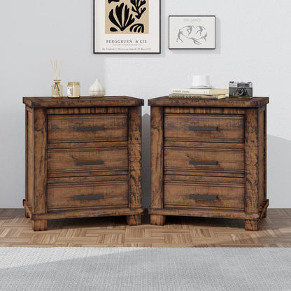 Set of Two 26" Walnut Solid Wood Distressed Three Drawer Nightstand