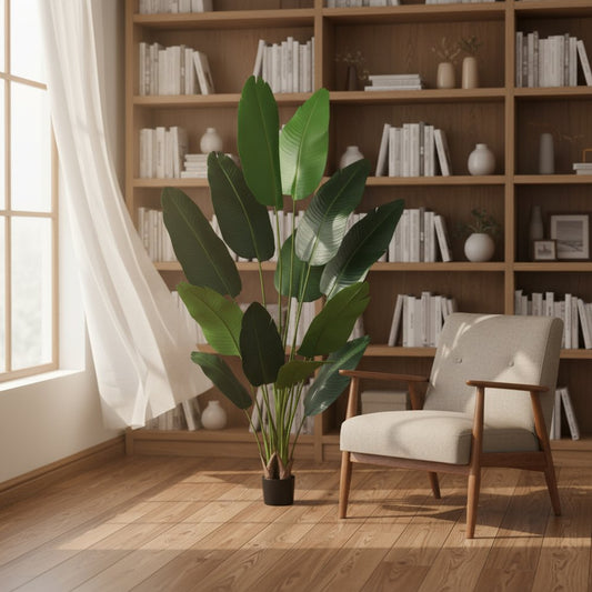 Set of Two 7" Green Artificial Banana Leaf In Cylindrical Black Cement Pot