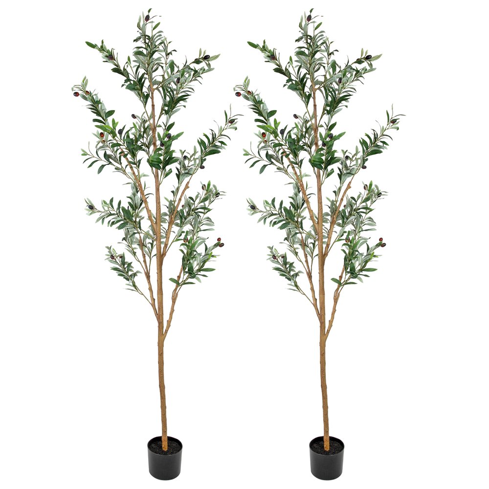 Set Of Two 84" Green Artificial Olive Trees in a Black Pot