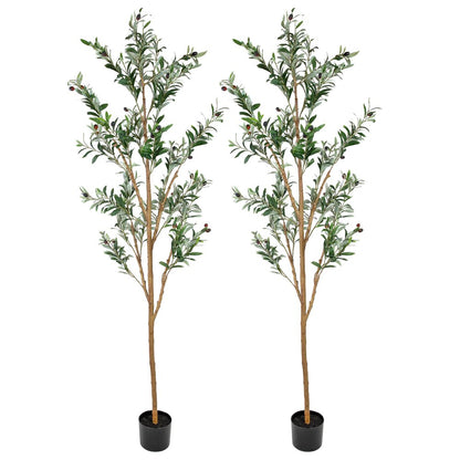 Set Of Two 84" Green Artificial Olive Trees in a Black Pot