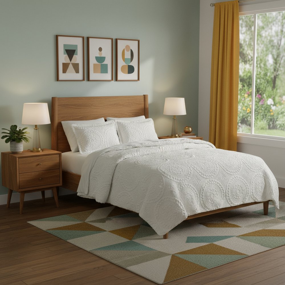 Set of Two Ivory Medallion Twin Ring Stitch Polyester Sham And Comforter