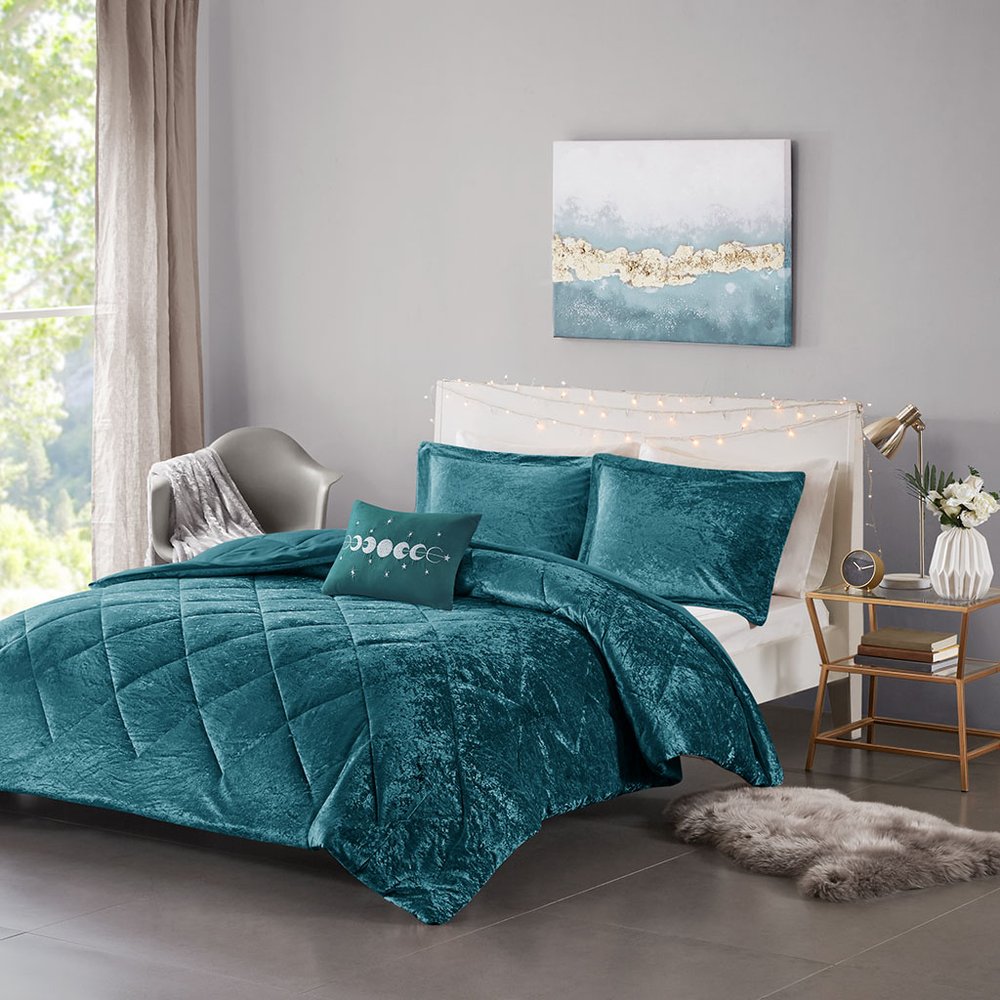 Set of Three Teal Blue Twin Ring Stitch Polyester Sham And Comforter