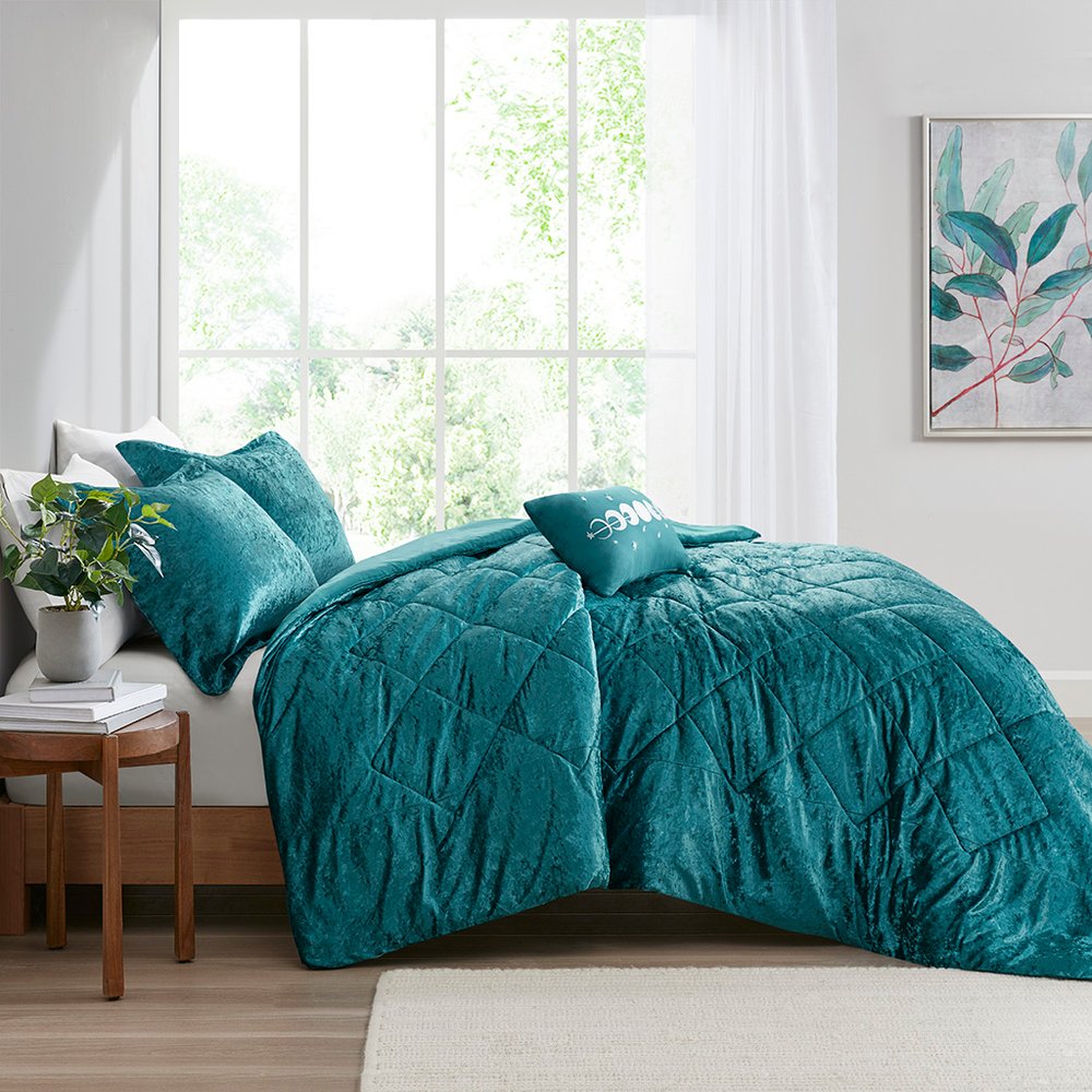 Set of Three Teal Blue Twin Ring Stitch Polyester Sham And Comforter