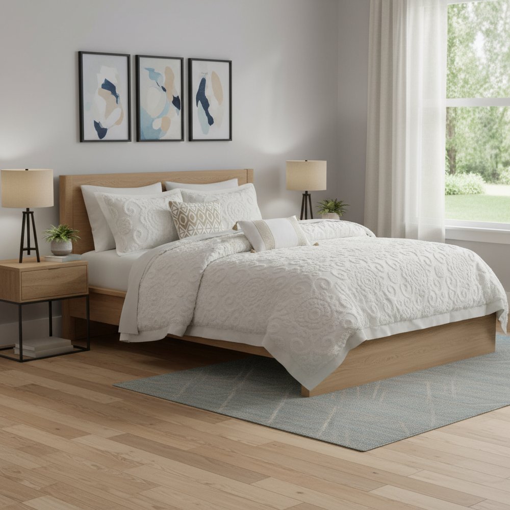 Set of Three White Medallion Queen Ring Stitch Sham And Comforter