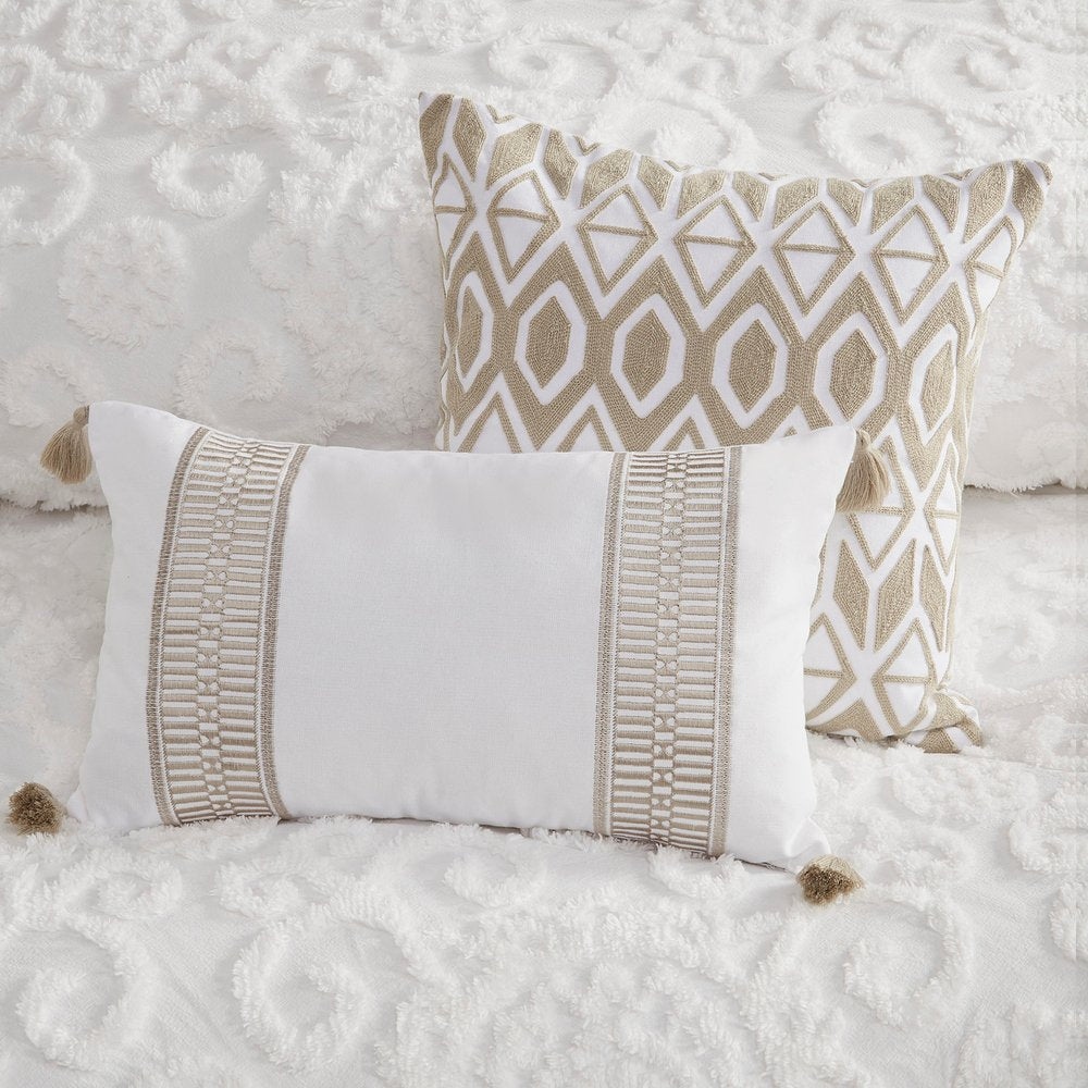 Set of Three White Medallion Queen Ring Stitch Sham And Comforter