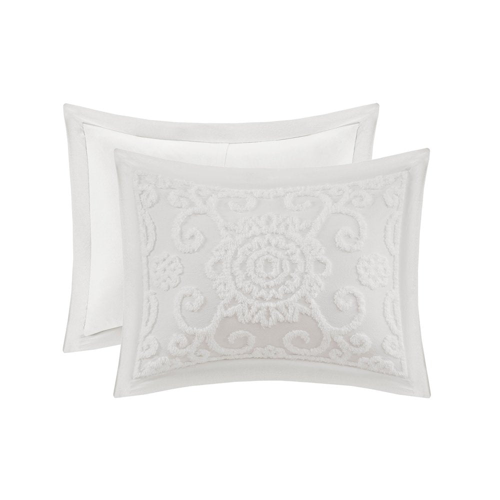 Set of Three White Medallion Queen Ring Stitch Sham And Comforter